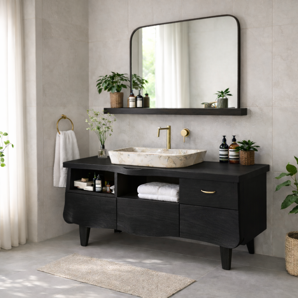 Solid Wood Bathroom Vanity Cabinet with Storage – Modern Rustic Vanity (No Sink)