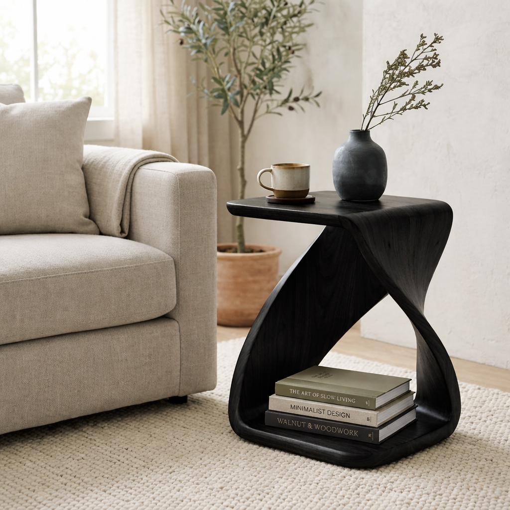 Solid Wood Sculptural End Table with Twisted Base and Storage Shelf