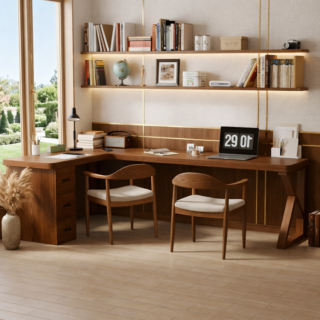 Modern L-Shaped Wooden Desk with Storage for Home Office or Study