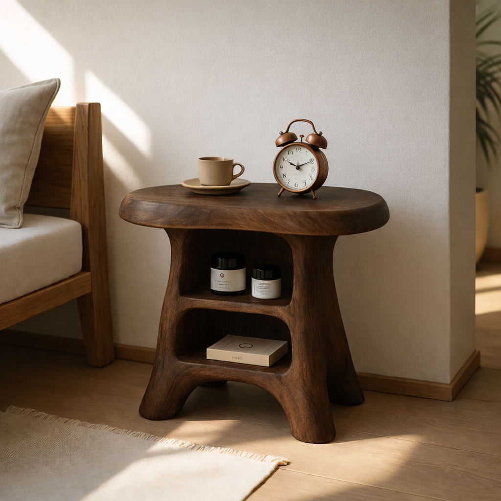 Modern Wood Nightstand with Curved Base and Shelves for Bedroom Storage