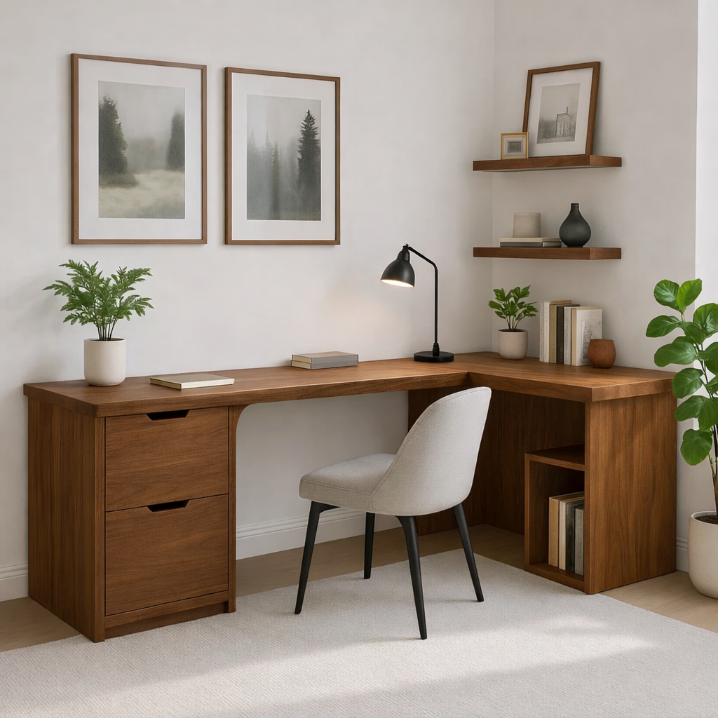 Modern L-Shaped Walnut Desk with Storage Drawer – Minimalist Corner Workspace