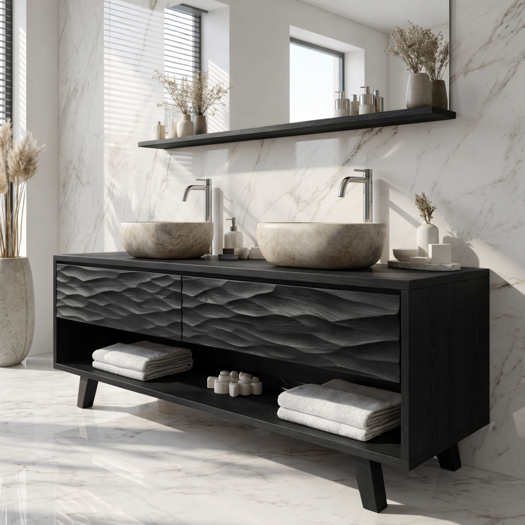 Modern Solid Wood Double Bathroom Vanity with Textured Front and Open Shelf Storage
