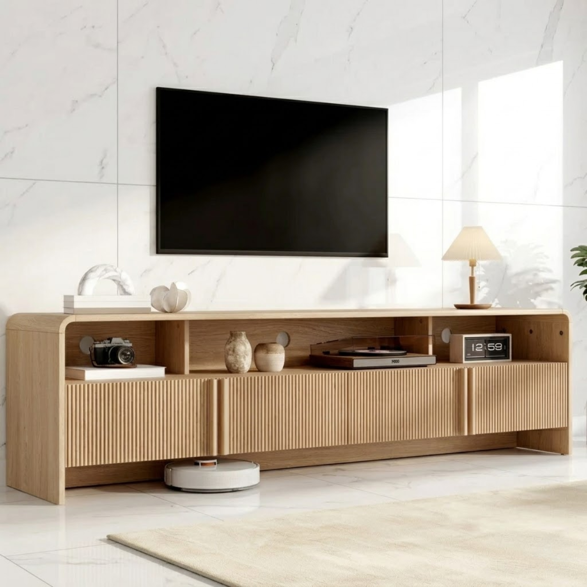 Modern Solid Wood TV Stand with Open Shelf Fluted Doors Low Profile Media Console