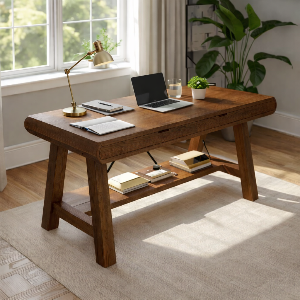 Solid Wood Work Desk with Drawer and Shelf, Handmade Modern Writing Table