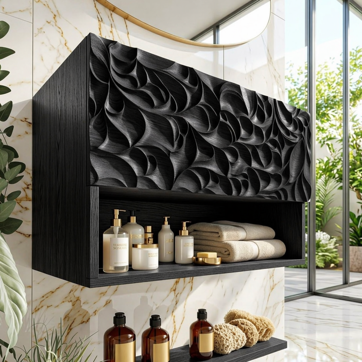 Solid Wood Floating Bathroom Cabinet, Modern Wall Mounted Carved Vanity Storage Shelf