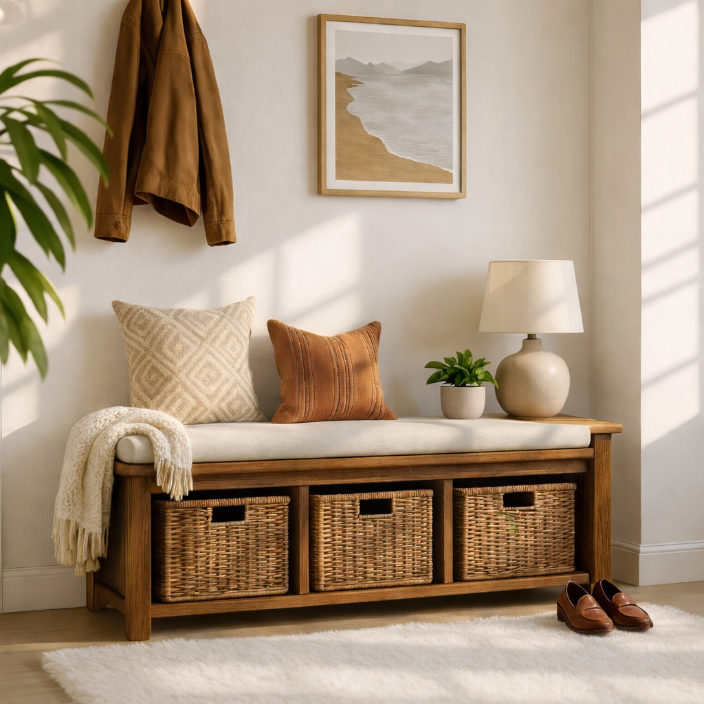 Solid Wood Entryway Bench with Woven Basket Storage, Rustic Hallway Organizer