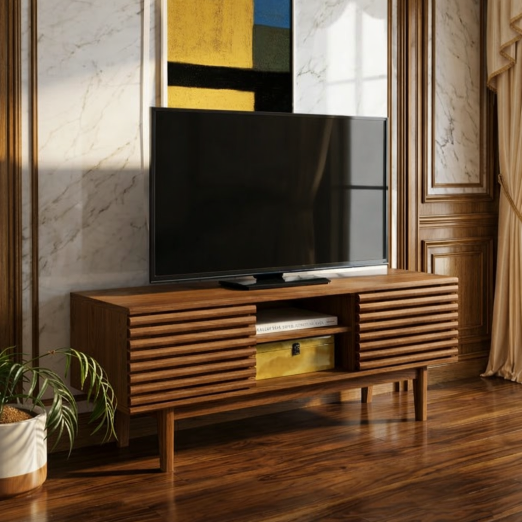 Mid Century Modern TV Stand, Slatted Media Console Cabinet with Storage for Living Room