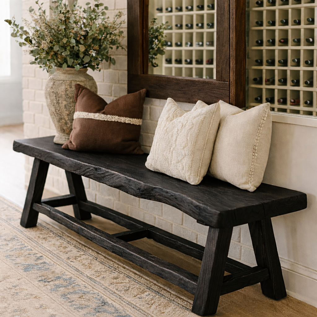 Live Edge Solid Wood Bench, Rustic Handmade Entryway and Dining Seat