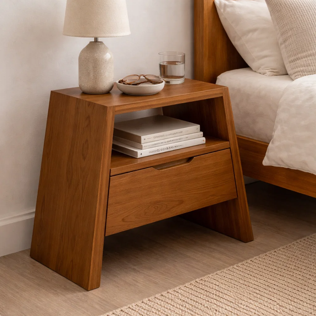 Solid Wood End Table with Drawer and Open Shelf – Modern Angled Bedside Table