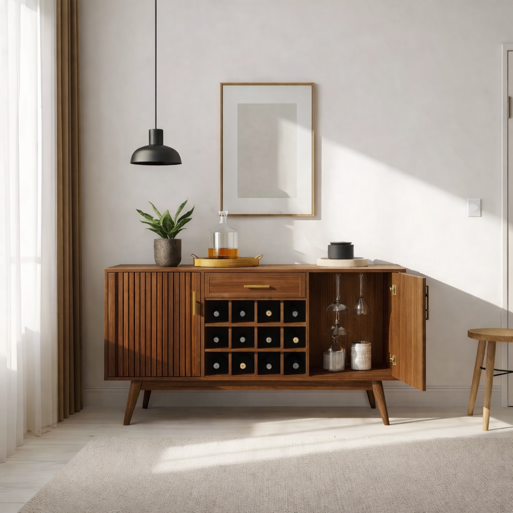 Mid Century Solid Wood Wine Cabinet with Rack and Bar Storage Unit