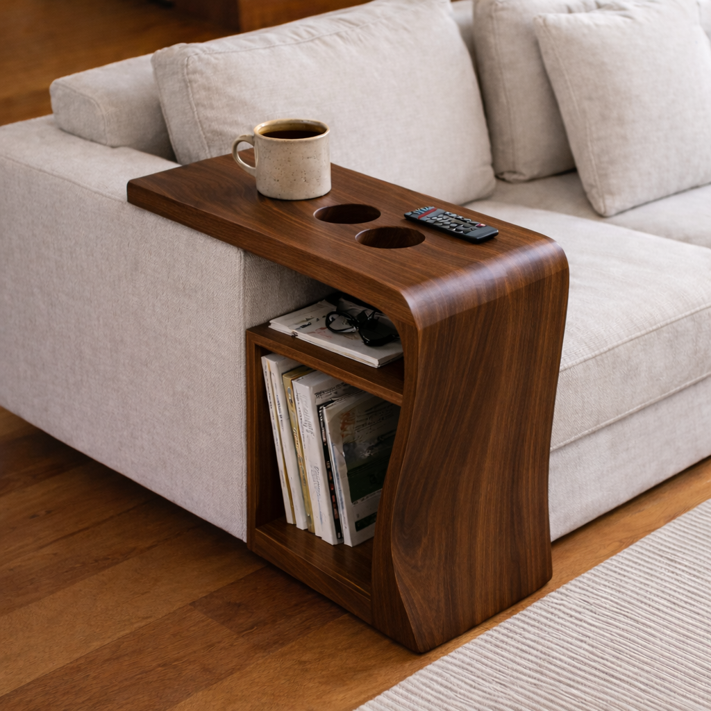 Solid Wood Sofa Armrest Table with Cup Holders and Storage – Couch Arm Tray