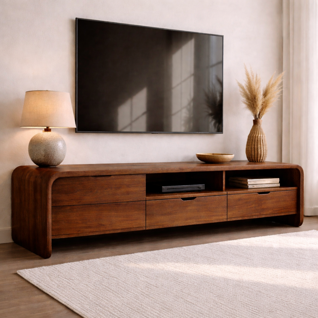 Solid Wood TV Cabinet with Drawers and Open Shelf Storage