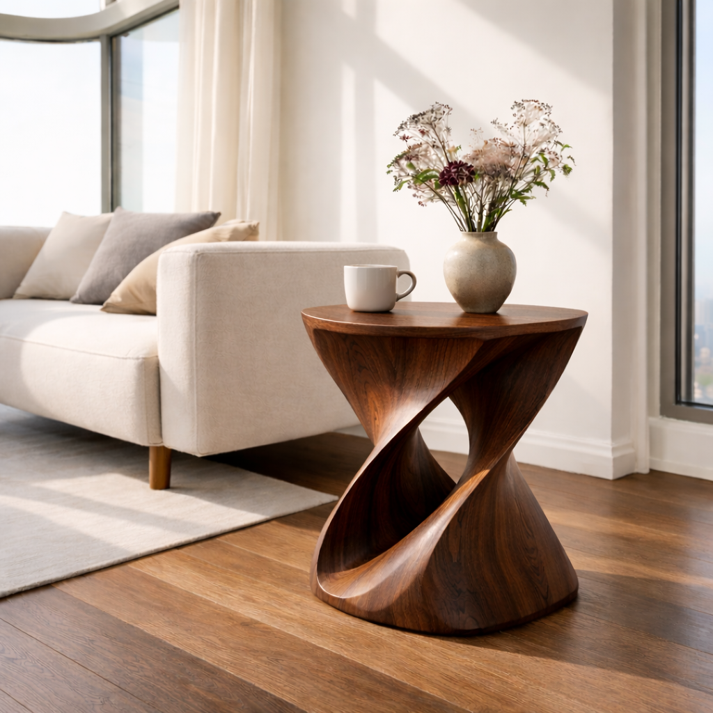Modern Sculptural Solid Wood End Table – Artistic Curved Side Table for Living Room