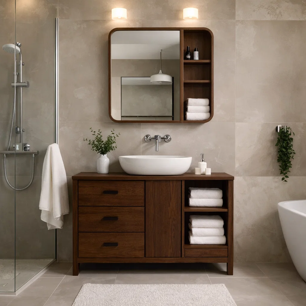 Solid Wood Bathroom Vanity Cabinet with Open Shelves & Drawers – Modern Design