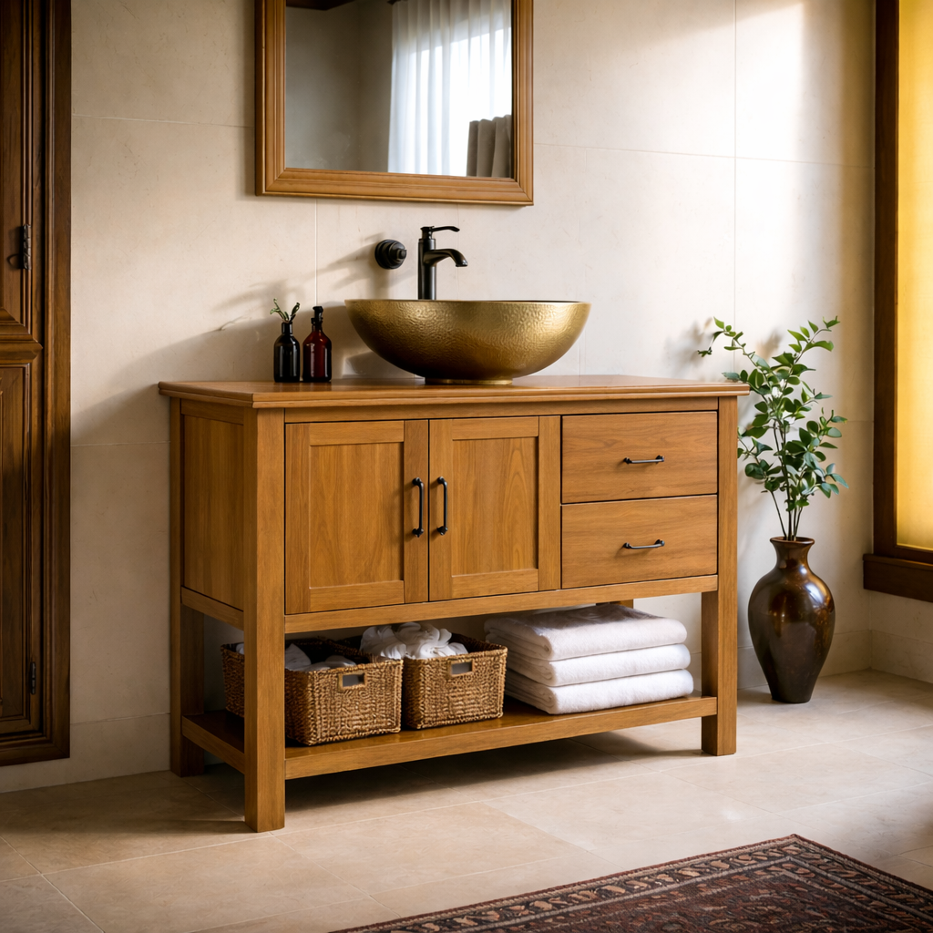 Solid Wood Bathroom Vanity with Drawers, Cabinet Doors & Open Shelf Storage