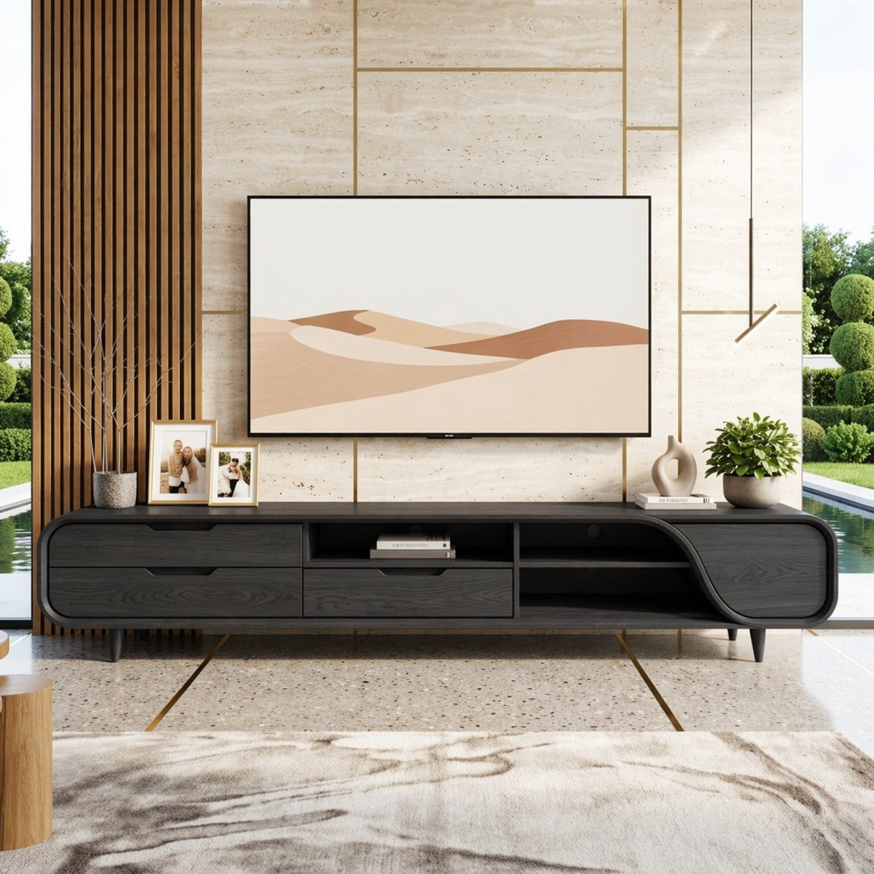 Modern Curved Entertainment Console, Sculptural Media Stand for Sophisticated Homes