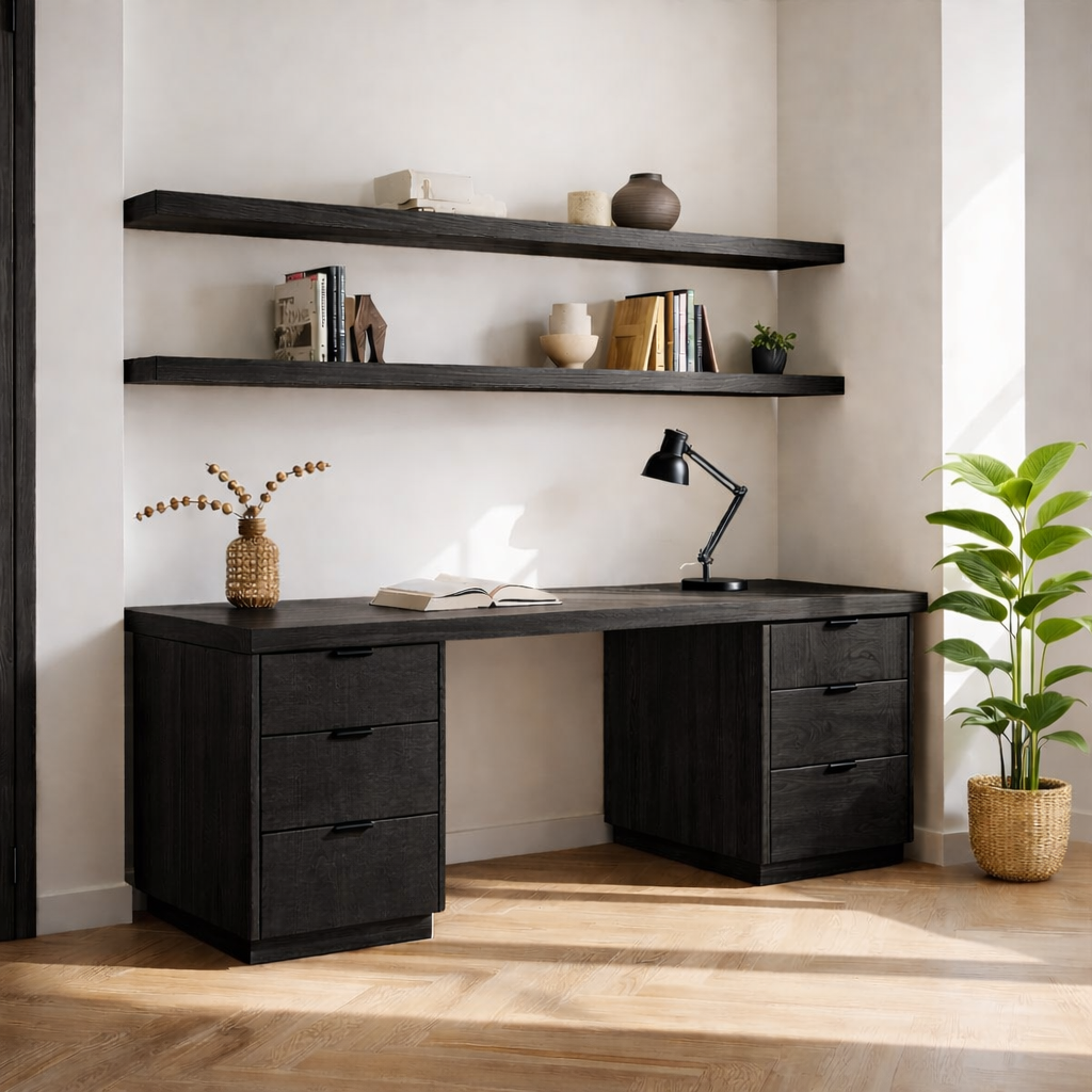 Solid Wood Executive Desk with Double Drawers Modern Home Office Workstation