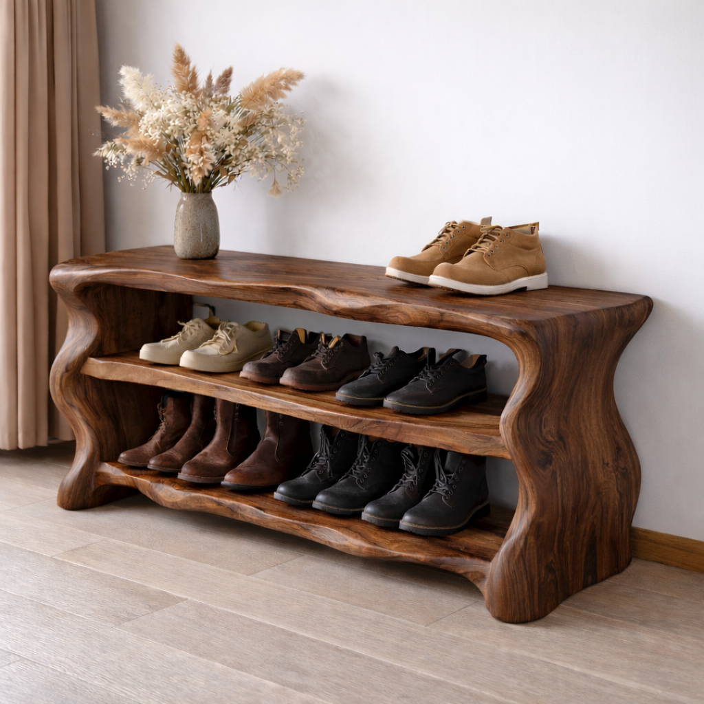 Solid Wood Entryway Bench with Shoe Storage – Rustic Live Edge Shoe Rack Bench