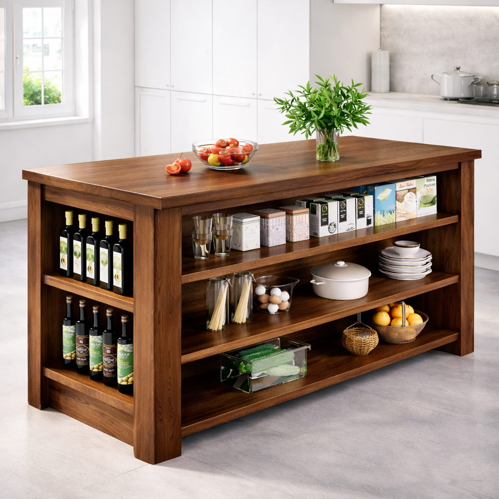 Large Kitchen Island with Open Storage Shelves, Modern Prep Table for Kitchen Dining Space