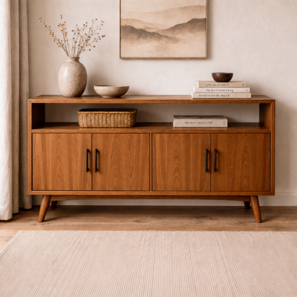 Solid Wood Console Cabinet with Open Shelf and 4 Doors – Modern Storage Sideboard