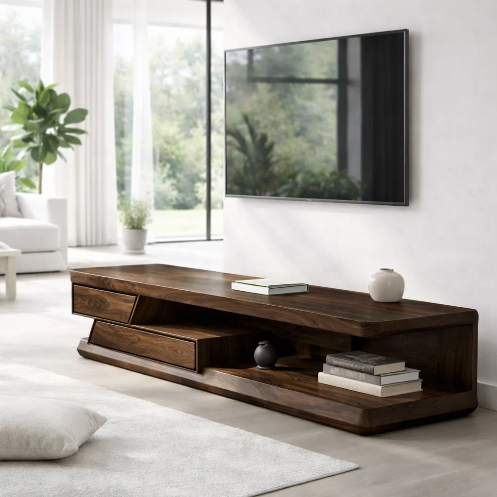 Solid Wood Media Console with Open Shelf & Drawer, Modern Low TV Stand