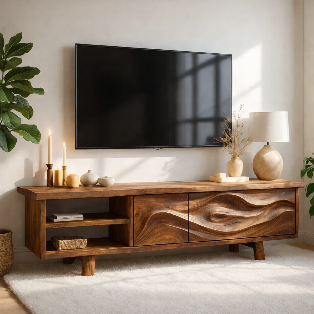 Live Edge Solid Wood TV Stand Walnut Media Console Hand Carved Modern Entertainment Unit
