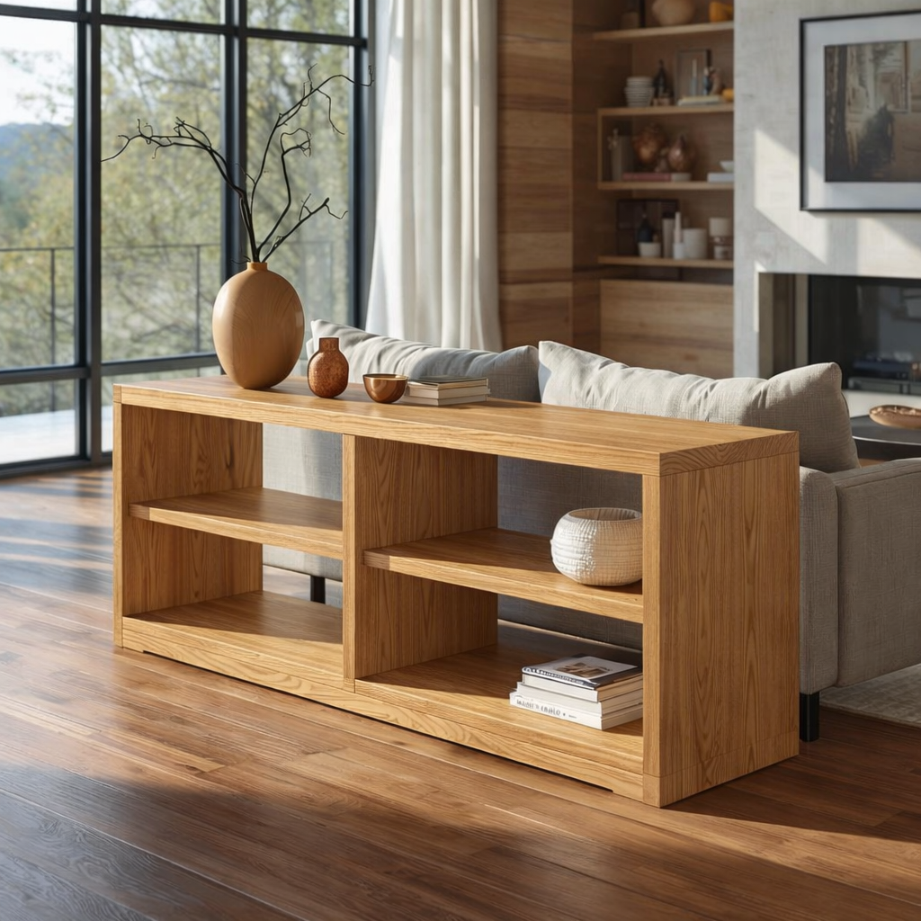 Modern Solid Wood Console Cabinet with Open Shelving – Stylish Living Room Storage