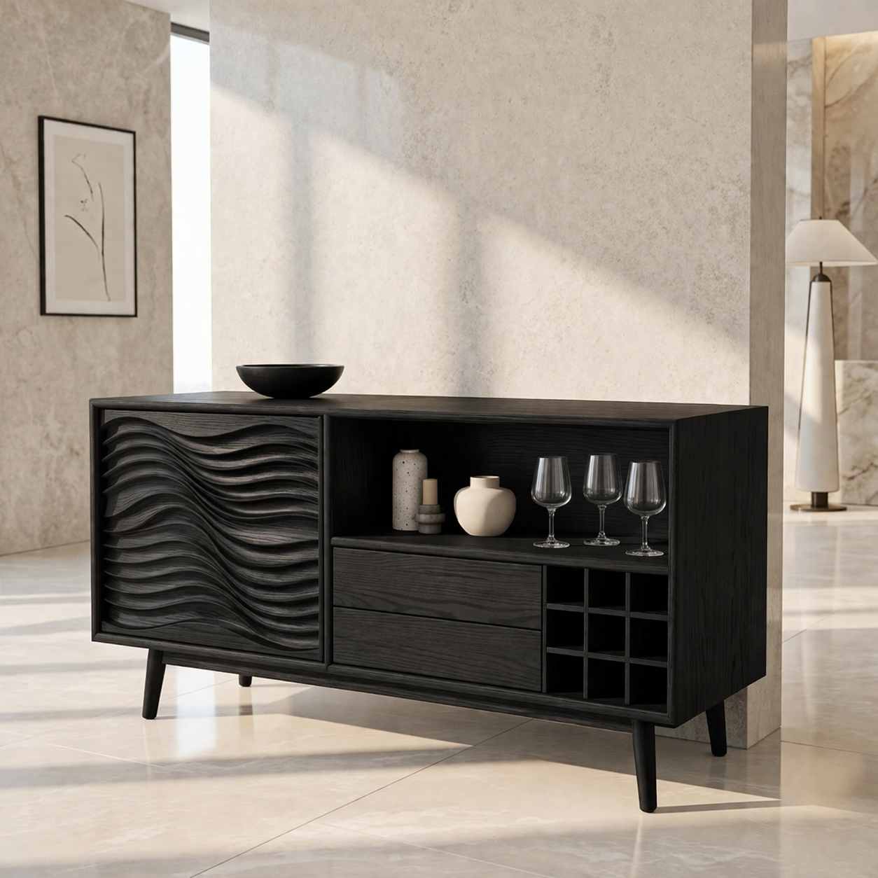 Modern Bar Cabinet Sideboard with Wave Door, Wine Cubby and Open Shelf