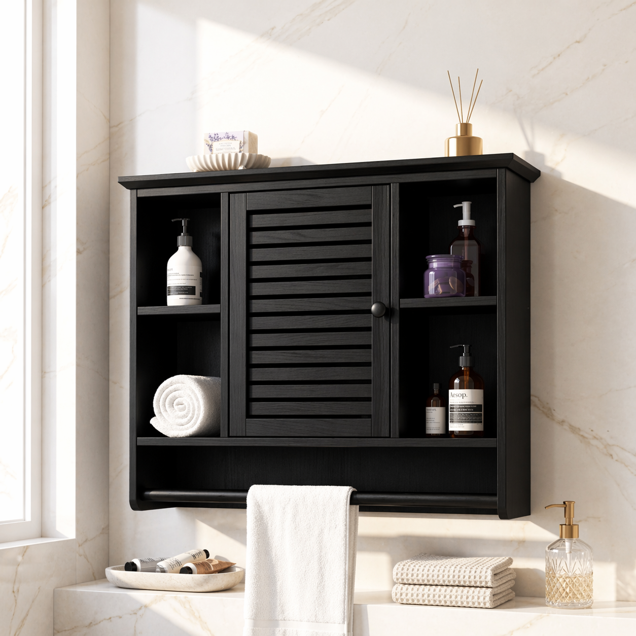 Floating Bathroom Cabinet, Wall-Mounted Vanity Storage With Slatted Door Towel Bar