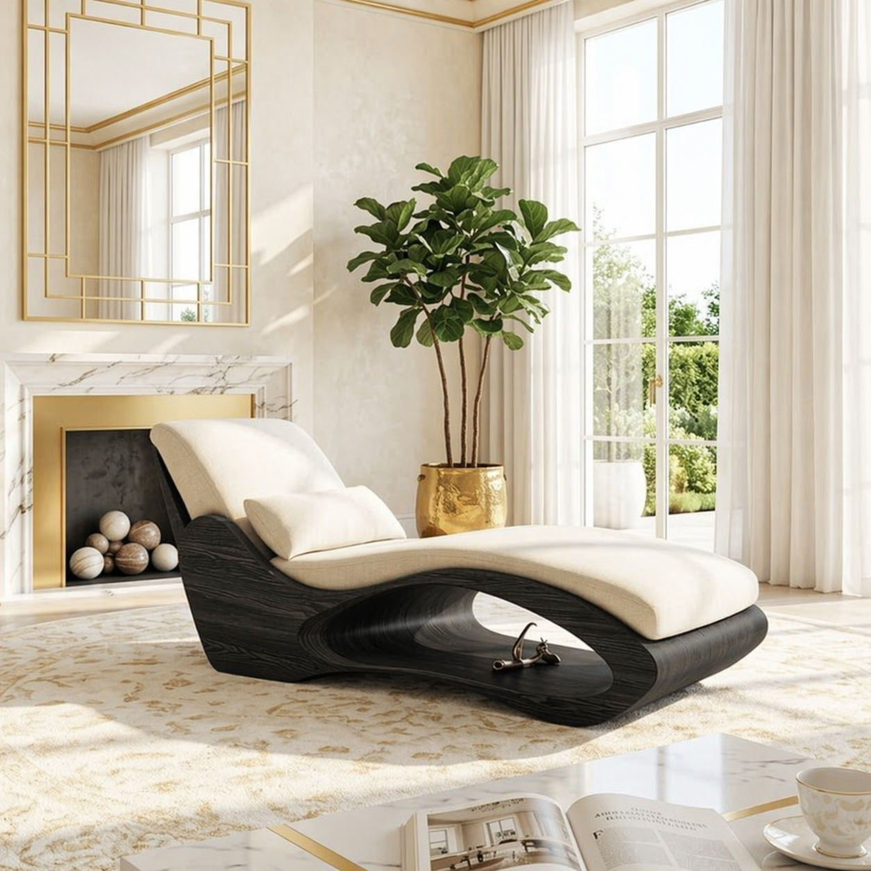 Modern Sculptural Chaise Lounge Chair, Curved Luxury Minimalist Accent Furniture