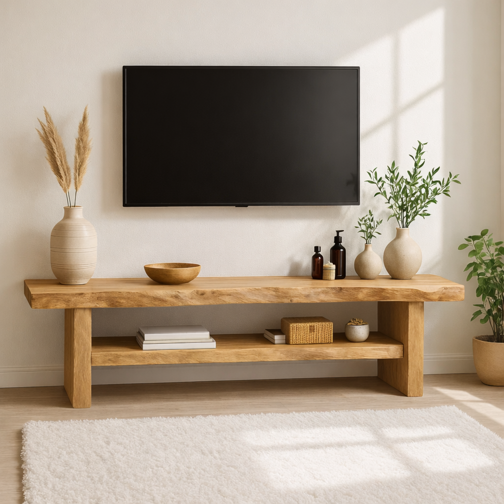 Rustic Solid Wood TV Stand Long Live Edge Media Console Natural Entertainment Unit