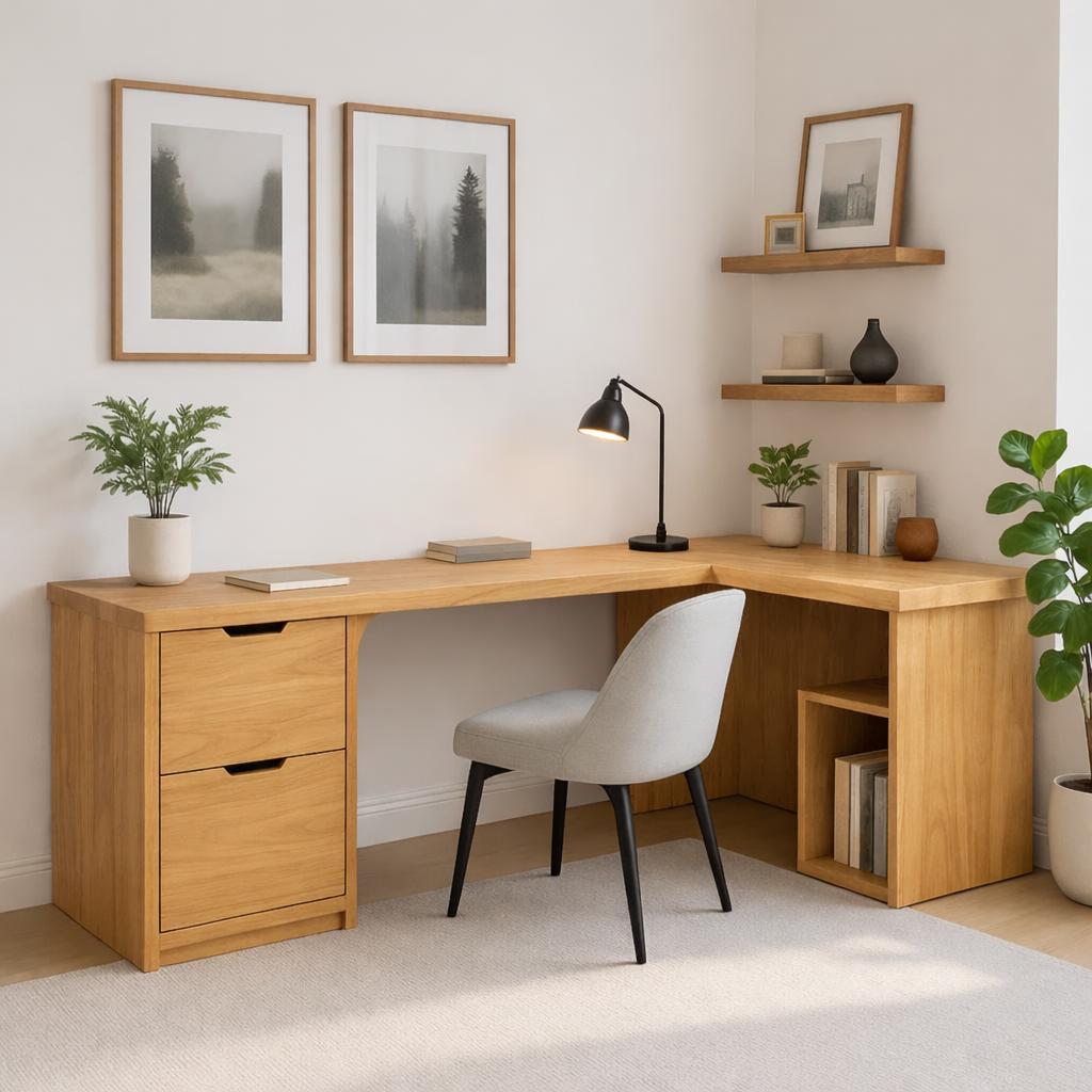 Modern L-Shaped Walnut Desk with Storage Drawer – Minimalist Corner Workspace