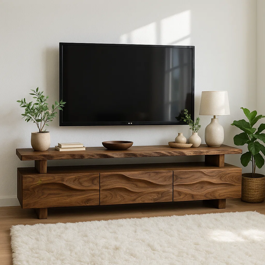 Modern Wave Front Wood TV Stand Long Media Console Low Profile Entertainment Center