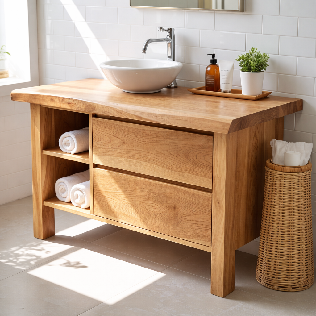Modern Solid Wood Bathroom Vanity Cabinet With Drawers And Open Shelf