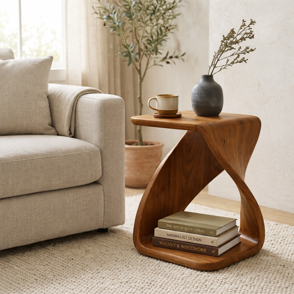 Solid Wood Sculptural End Table with Twisted Base and Storage Shelf