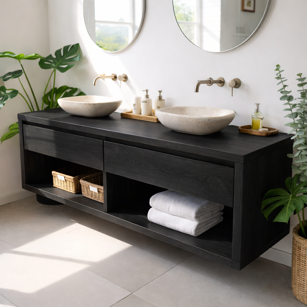 Modern Double Sink Floating Vanity with Wooden Design and Open Shelves