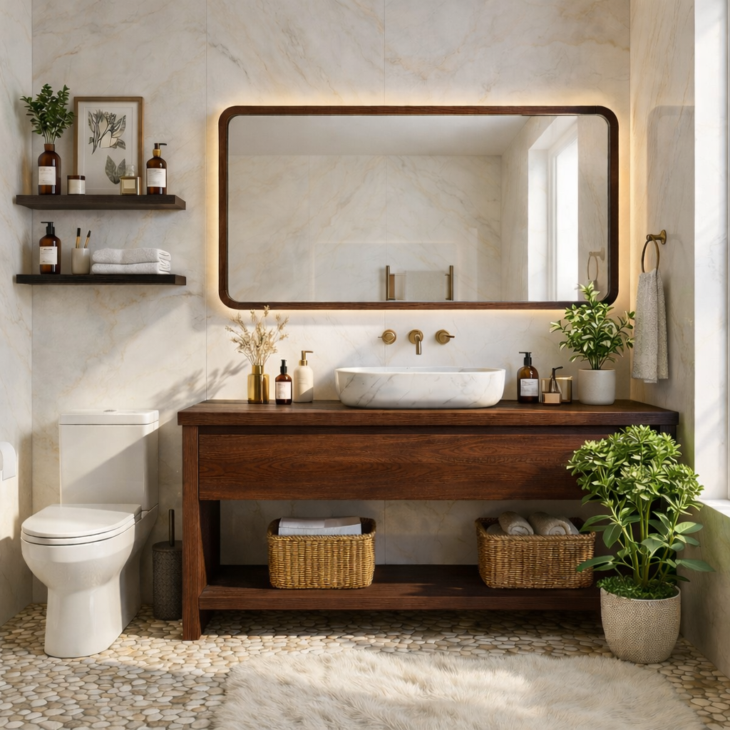 Elegant Oak Bathroom Vanity with Marble Sink & Open Shelves, Modern Design