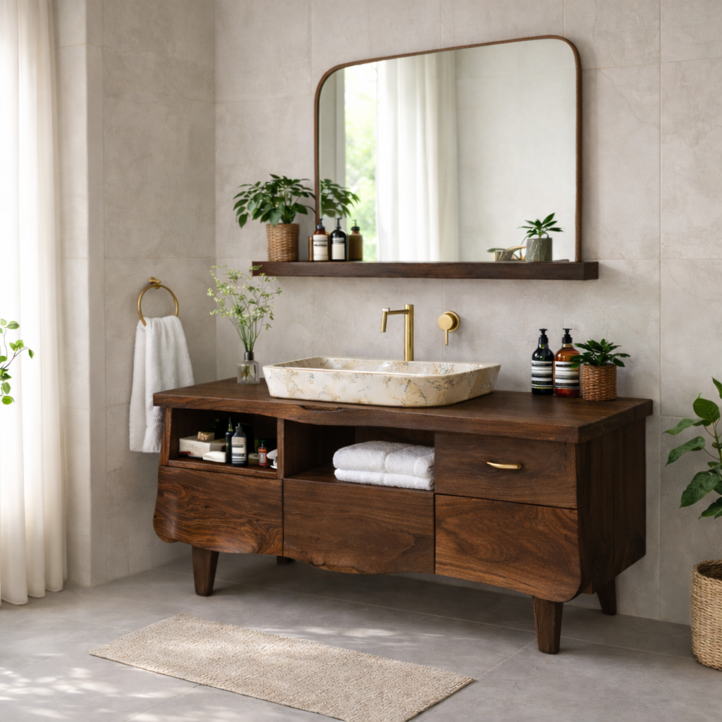 Solid Wood Bathroom Vanity Cabinet with Storage – Modern Rustic Vanity (No Sink)