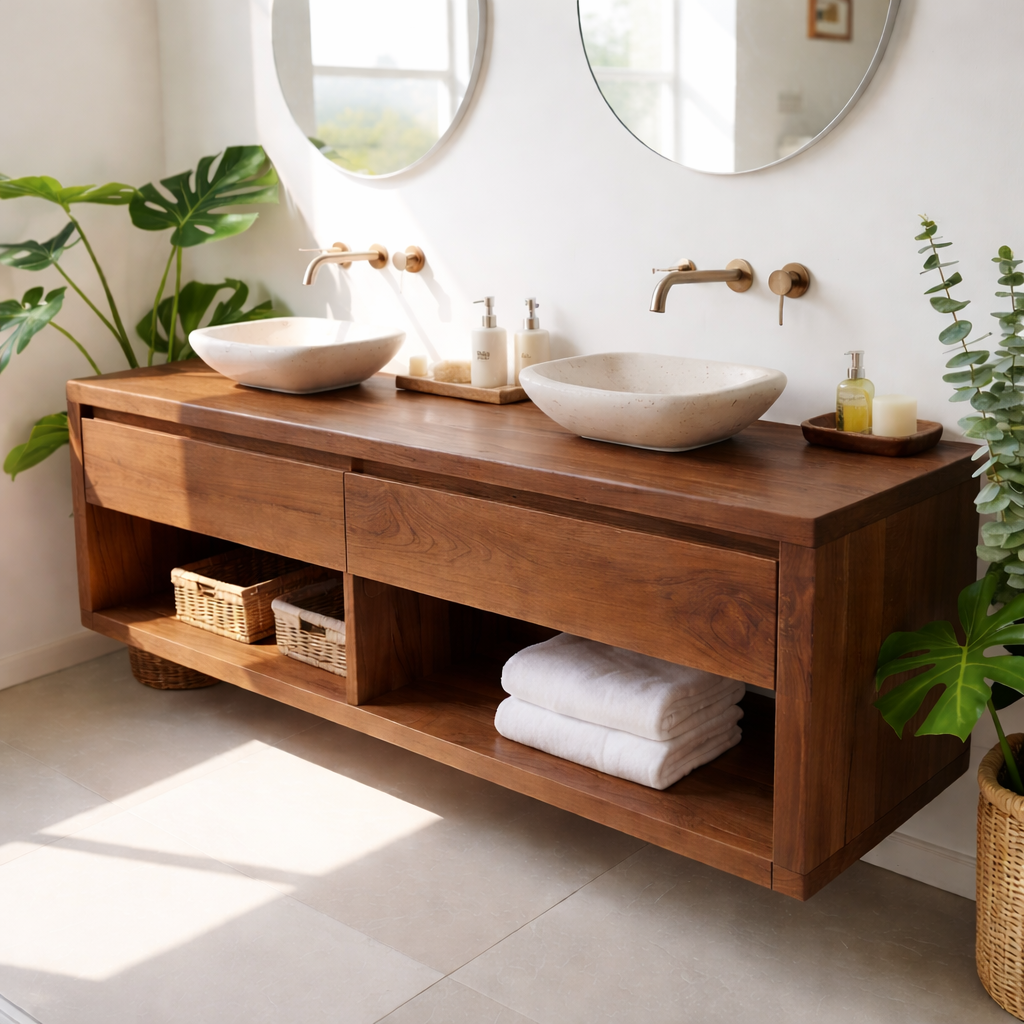 Modern Double Sink Floating Vanity with Wooden Design and Open Shelves