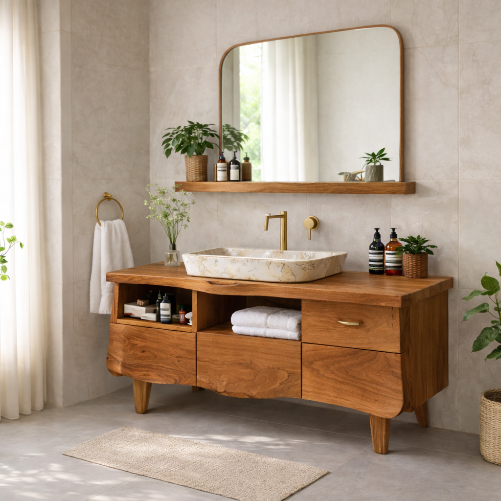 Solid Wood Bathroom Vanity Cabinet with Storage – Modern Rustic Vanity (No Sink)
