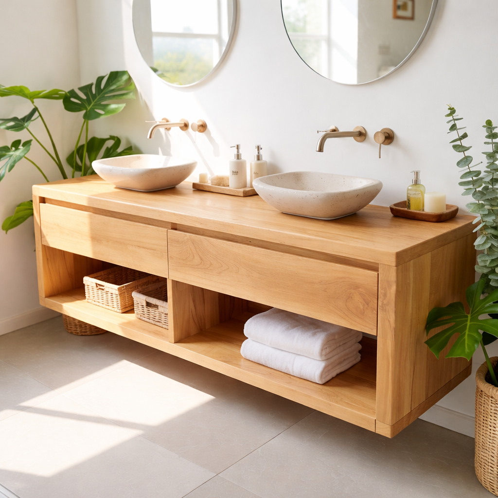 Modern Double Sink Floating Vanity with Wooden Design and Open Shelves