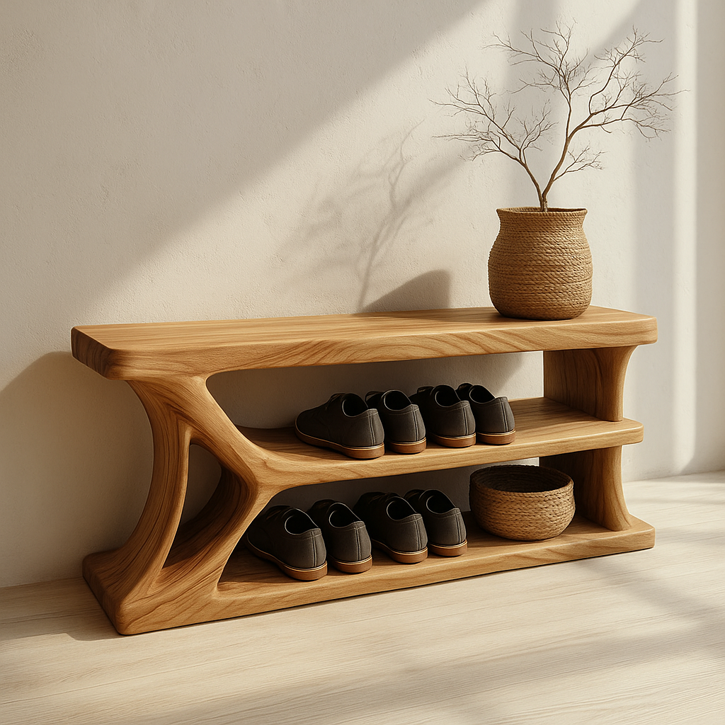 Modern Solid Wood Shoe Storage Bench – Entryway Wooden Bench with Open Shelves