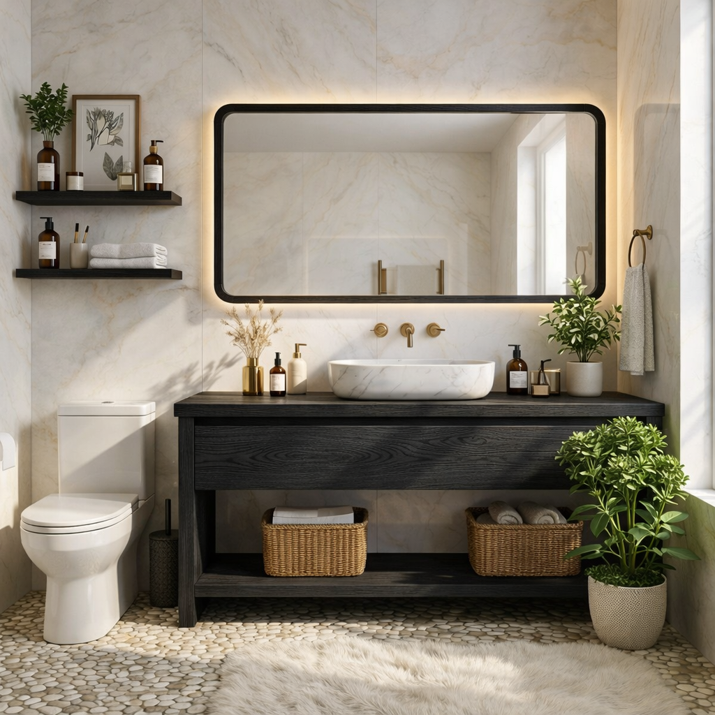 Elegant Oak Bathroom Vanity with Marble Sink & Open Shelves, Modern Design