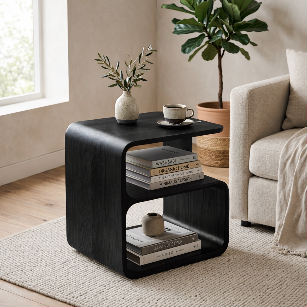 Solid Wood End Table with Open Shelf – Modern Curved Side Table