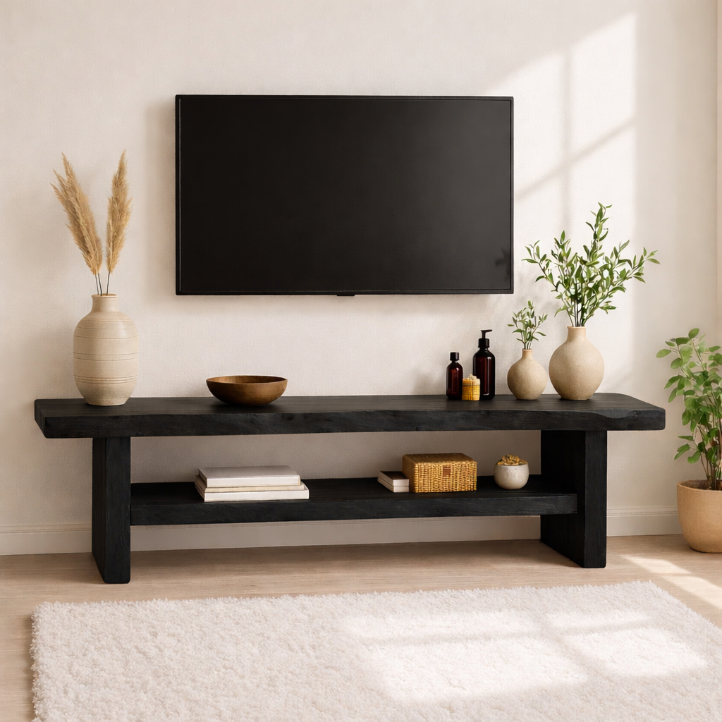 Rustic Solid Wood TV Stand Long Live Edge Media Console Natural Entertainment Unit
