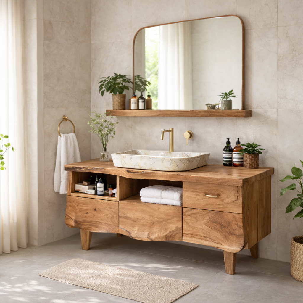 Solid Wood Bathroom Vanity Cabinet with Storage – Modern Rustic Vanity (No Sink)