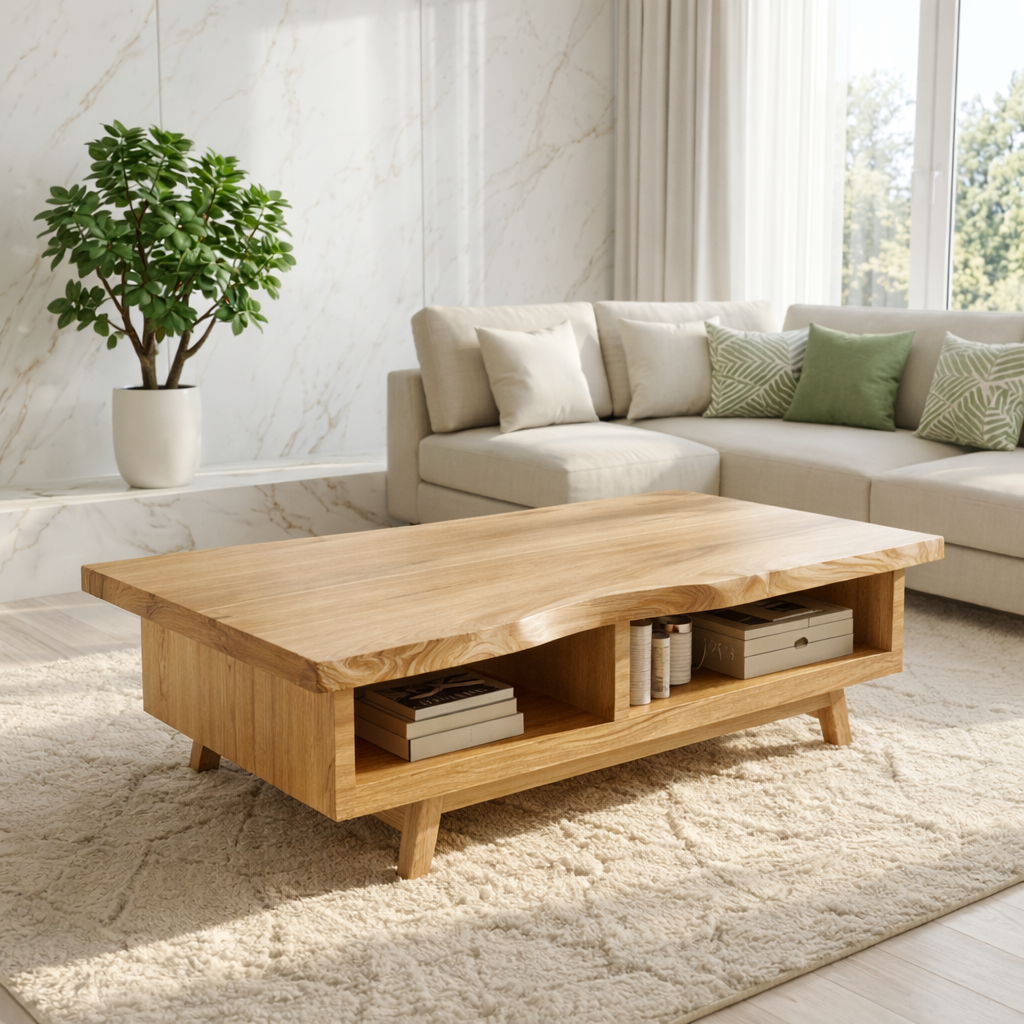 Handcrafted Walnut Coffee Table with Storage, Natural Wood Living Room Furniture