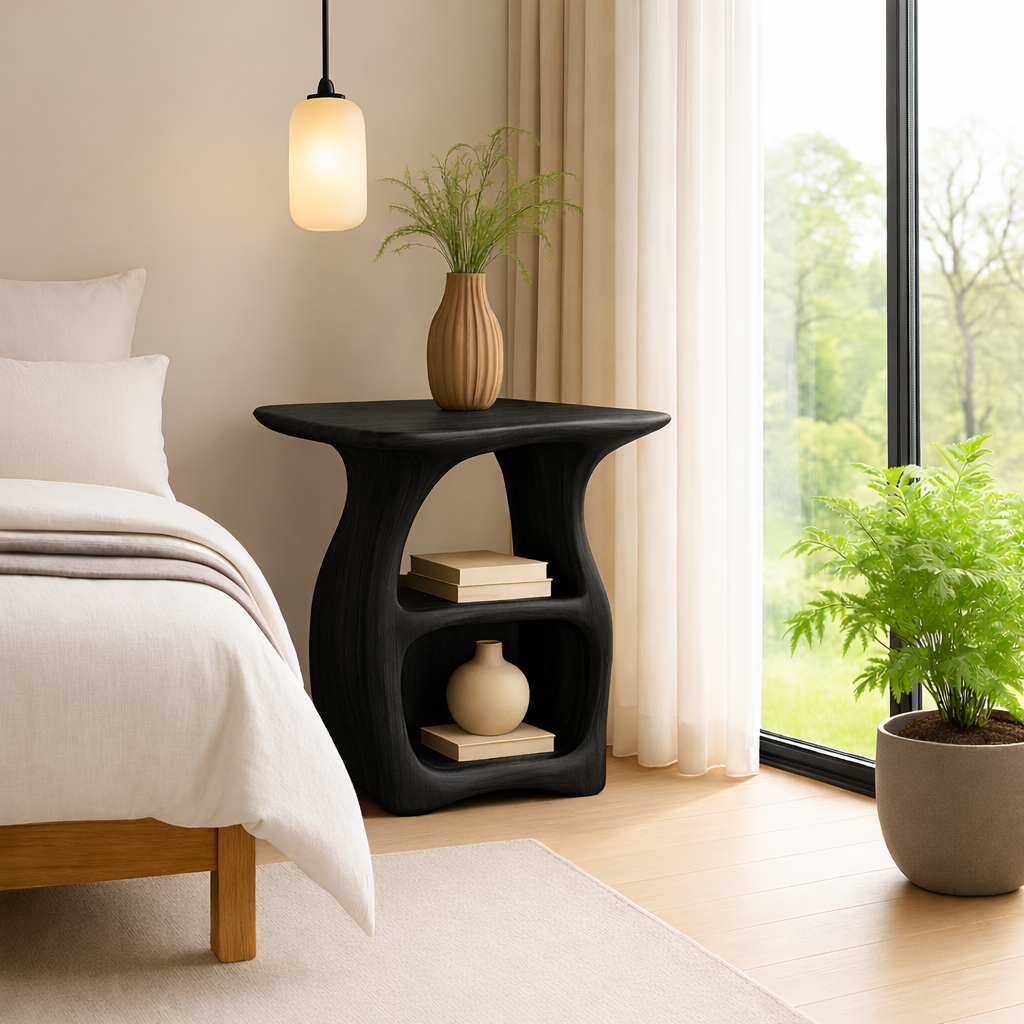 Contemporary Oak Nightstand with Unique Curved Shelves - Minimalist Design