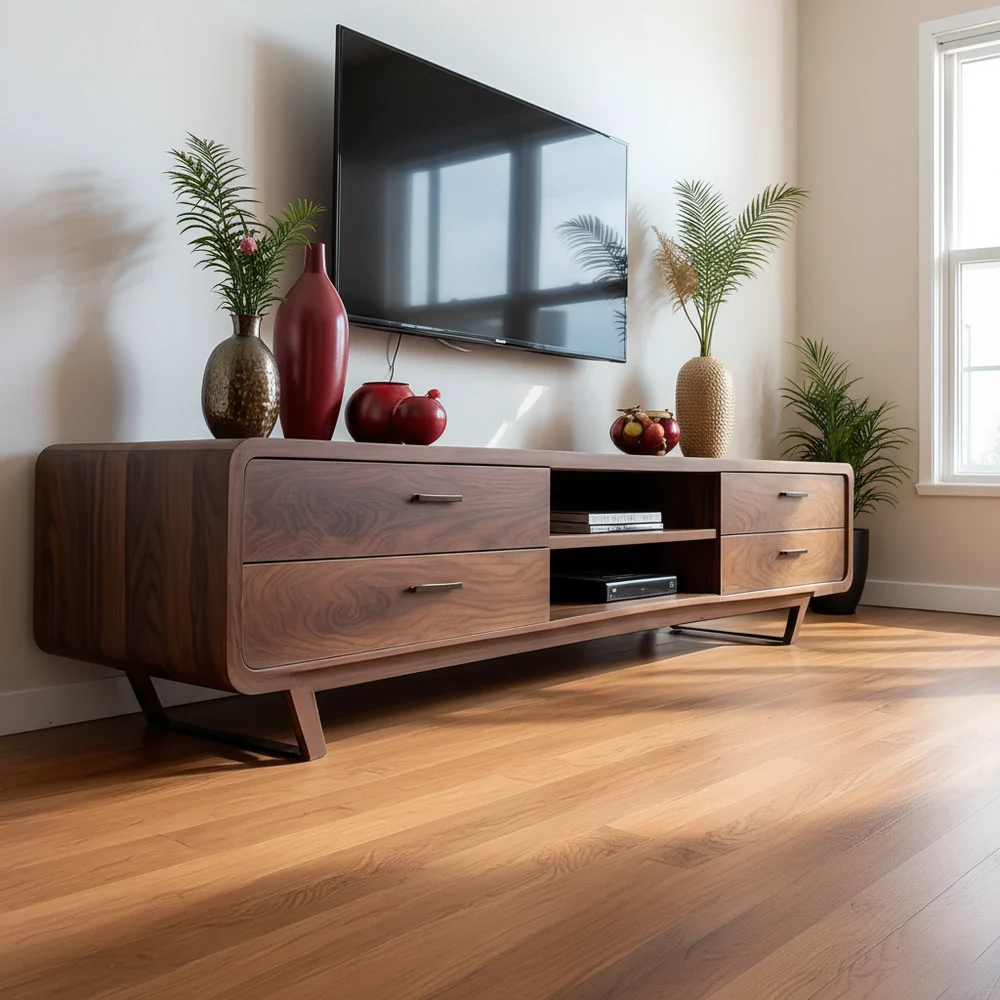 Solid Wood TV Stand Walnut Mid Century Modern Media Console with Storage