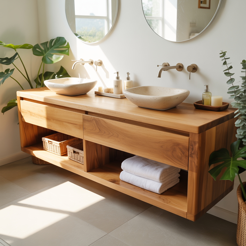 Modern Double Sink Floating Vanity with Wooden Design and Open Shelves